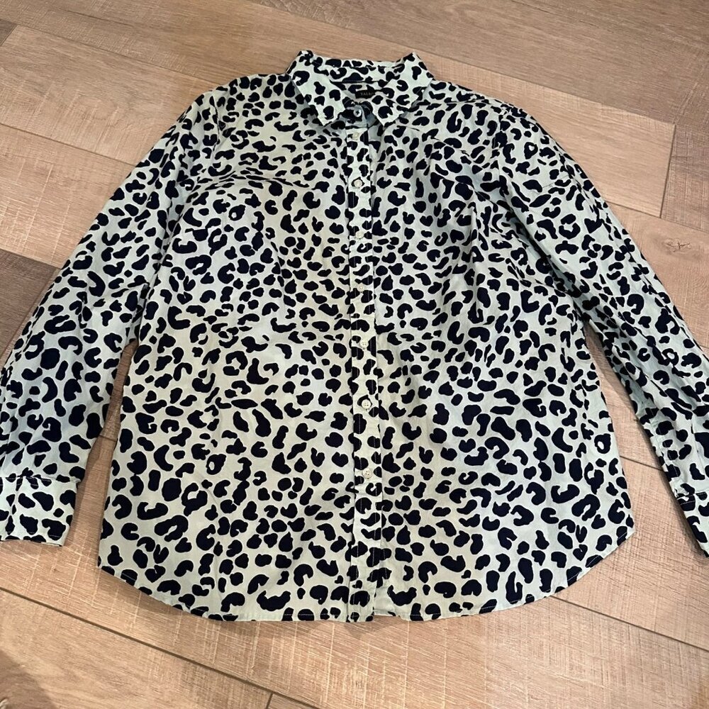 TALBOTS WOMENS LIGHTWEIGHT GREEN LEOPARD BUTTON LONG SLEEVE SHIRT XL